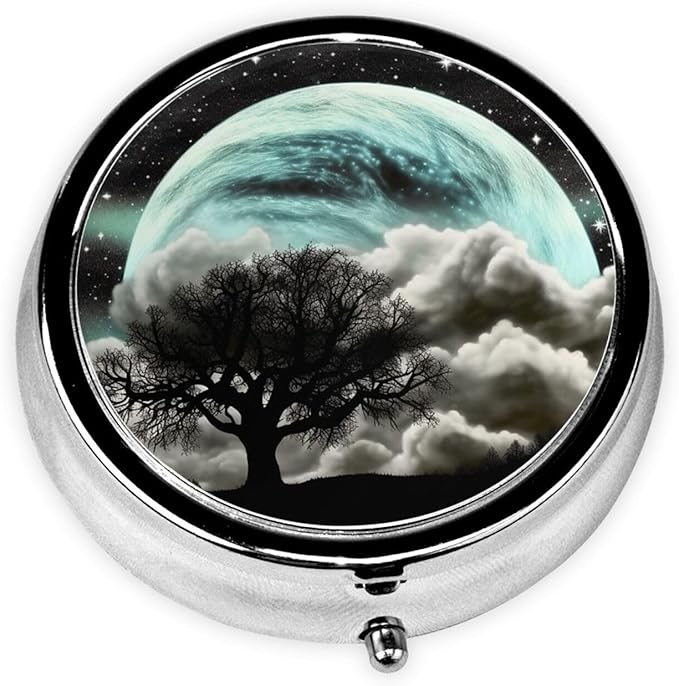 Starry Night Black Tree Art Print Pill Box 3 Compartment Small Pill Case with Mirror Pill Organizer for Outdoor Travel Pocket Purse