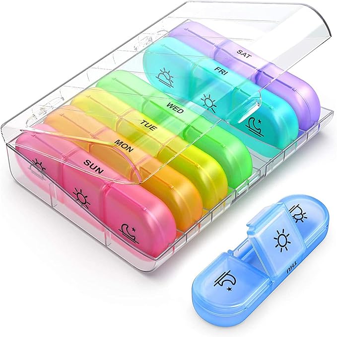 SPRING SEAON Weekly Pill Organizer Travel Pill Case Vitamins Box for Pills 3 Times a Day Extra Large Capacity Durable Hinge Easy Open Lids Medicine Container (Black & Colorful Options)