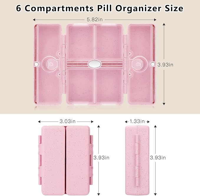 FYY Travel Pill Organizer with Blank Lables,6 Compartments Magnetic Pill Organizer Pill Box for Purse Pocket to Hold Vitamins,Cod Liver Oil,Supplements and Medication-Pink
