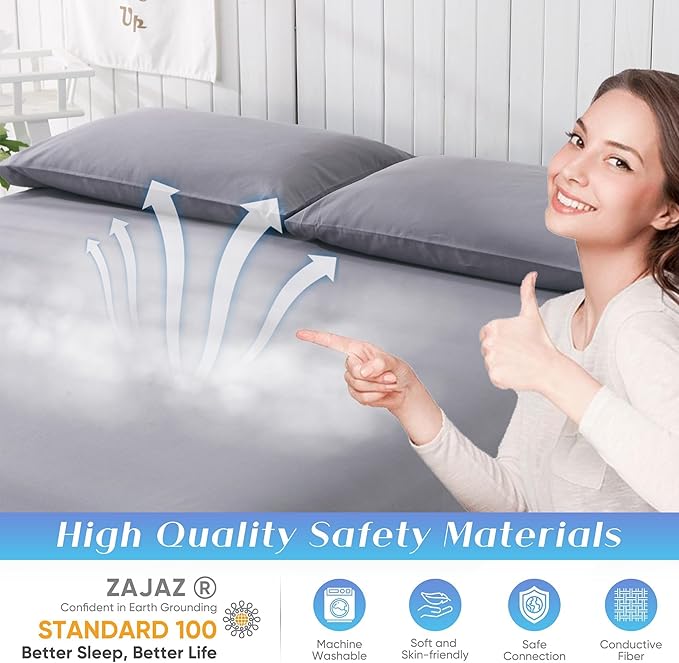 Grounding Sheets FullXL Size, 95% Organic Cotton + 5% Pure Silver Fiber, Grounded Sheet Earth Connected Bedding (FullXL- 54"x 80"x 13" Gray) Fitted Earth Sheets with Grounding Cord