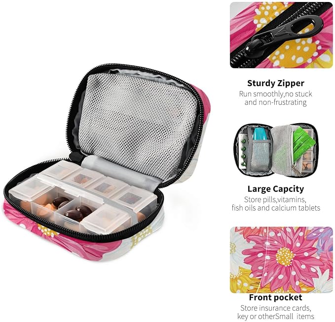 Pill Organizer Box Case Weekly Travel Pills Container Holder 7Day Cute Vitamin Organizer Dispenser Sorter Planner Storage Small Compact Cute Pink Chrysanthemum Flowers