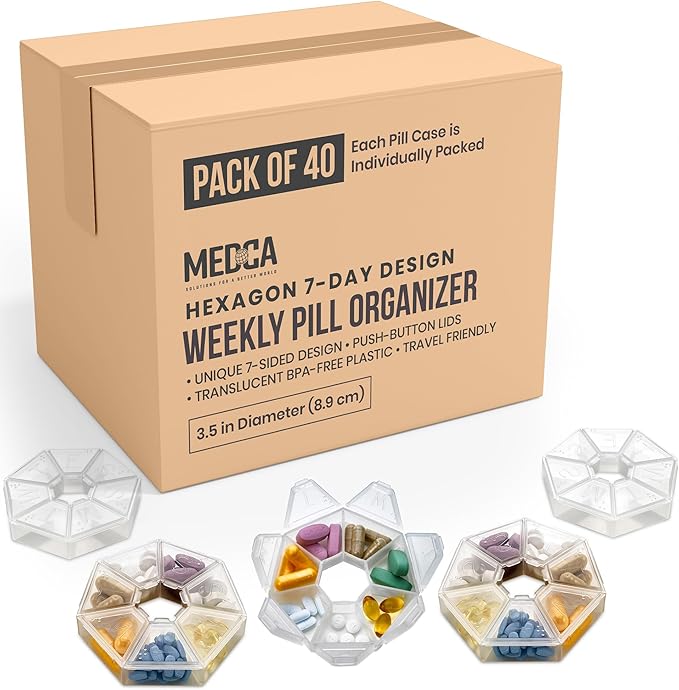 MEDca Weekly Pill Organizer Clear 7-Sided Pill Reminder, Hexagon Shaped, Case of 100