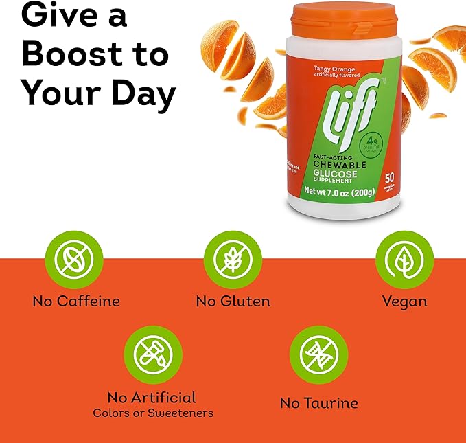Lift Glucose Fast-Acting Glucose Chewable Energy Tablets, Orange, 50 ct Jar (Pack of 6)