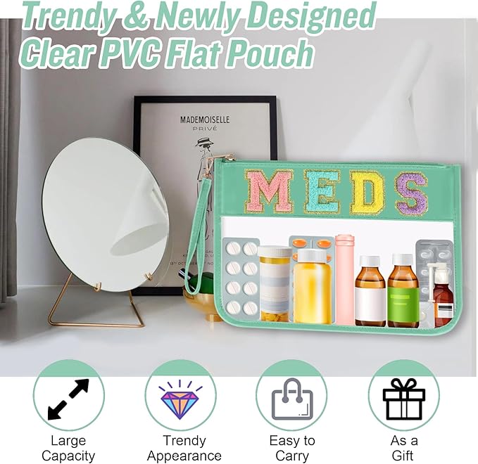Chenille Letter Bag Clear Makeup Pouch, Preppy Patch Small Medicine Bag Travel Drugs Pills Zipper Pouch With Wristlet, Waterproof Portable Meds Storage Organizer for Patient Nurse (MEDS-Green)