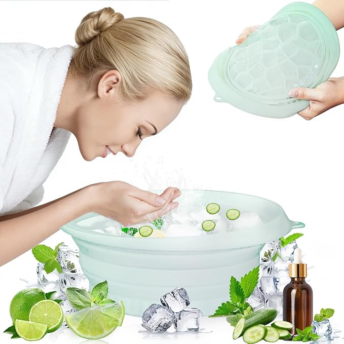 Face Tub for Ice Bath with Built-in Ice Tray – Collapsible Silicone Facial Ice Bath Bowl for Cold Plunge Therapy, Skin Tightening & Acne Relief – Portable Spa Tool for Home & Travel(Green)