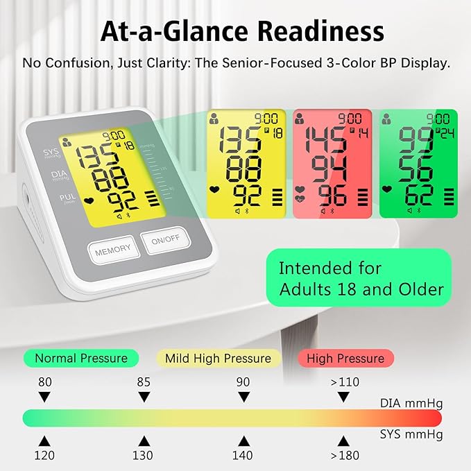 Blood Pressure Monitors for Home Use, Upper Arm Blood Pressure Machine with Large Cuff, FDA-Cleared Bluetooth BP Monitor with App, 3-Color Display,One-Button Accurate BP Machine for Adults and Seniors