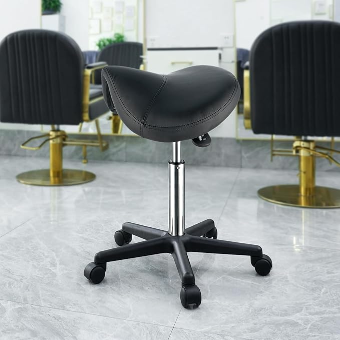 VEVOR Saddle Stool with Wheels, 400 LBS Weight Capacity, Height Adjustable Thickened PU Leather Swivel Saddle Stool Chair for Salon, Spa, Tattoo, Clinic, Black