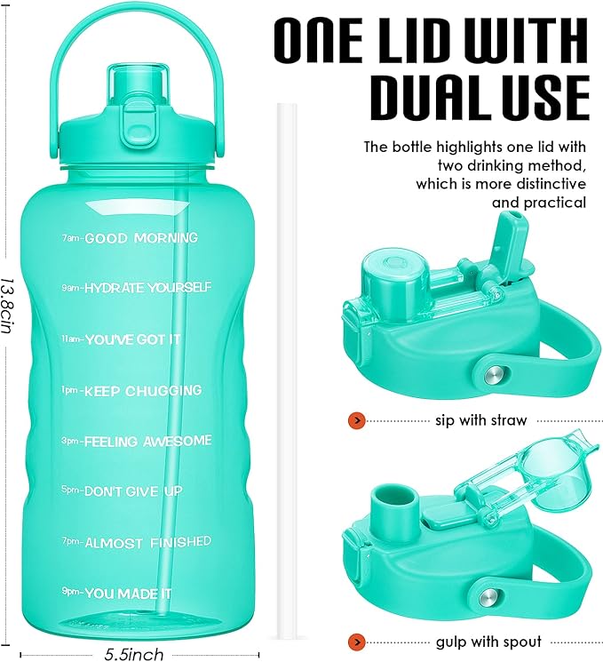 HydroPal 1 Gallon Water Bottles with Straw, 128 oz Water Bottle BPA Free Innovative 2-IN-1 Lid Gym Bottle with Times to Drink Motivational, Large for Sports Fitness Camping Water Jug （13.8X5.5 inch）