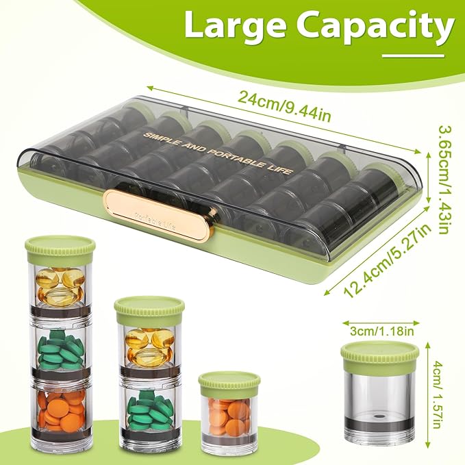 Toplive Pill Organizer, Medicine Pill Organizer, Travel Pill Box 7 Day, Pill Case, Large Weekly Pill Container Holder for Vitamin Cod Liver Oil, Green