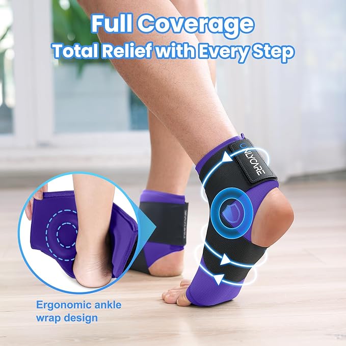 ONLYCARE Ankle Ice Pack Wrap for Swelling, Upgraded Gel Ice Pack Reusable, Hot Cold Therapy, Cold Pack for Sprained Ankle Injuries, Achilles Tendonitis, Plantar Fasciitis, Purple