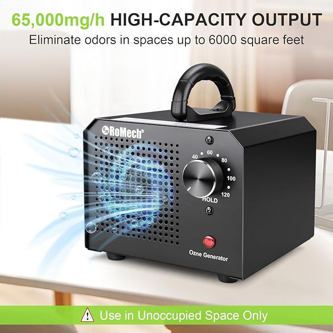 ROMECH Ozone Generator 65,000mg/h, High Capacity Ionizer Air Purifier Ozone Odor Eliminator for 6000sq.ft. Home, Car, Basement, Kitchen (Black)