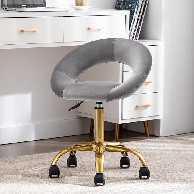 DUHOME Swivel Rolling Chair, Velvet Home Office Chair Adjustable Hydraulic with Backrest for Salon Tattoo Office Massage Medical Facial Spa, Grey