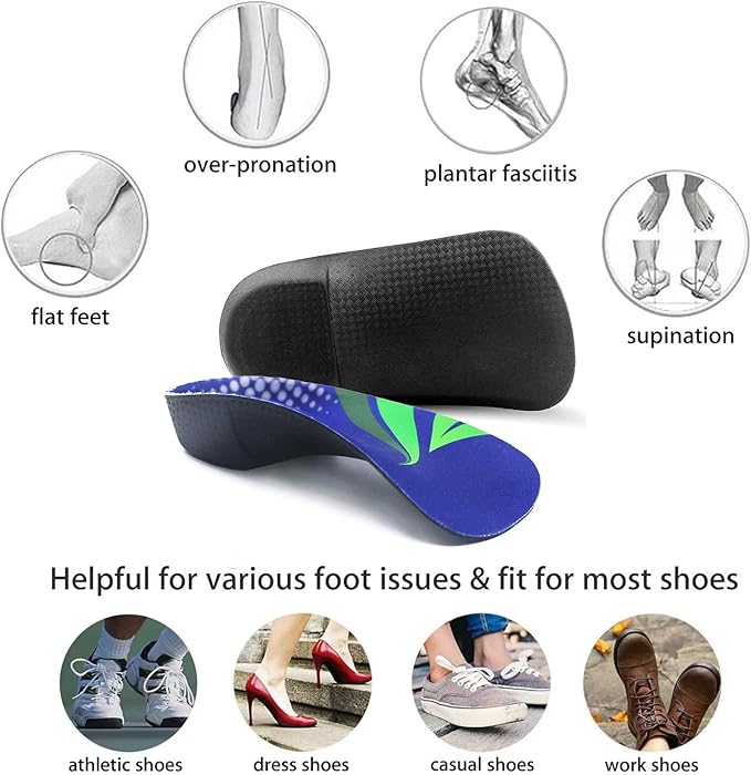 RooRuns FitFeet Orthotic Inserts 3/4 Length, High Arch Support Foot Insoles for Over-Pronation, Plantar Fasciitis, Flat Feet - Shoe Inserts for Walking, Running Men and Women
