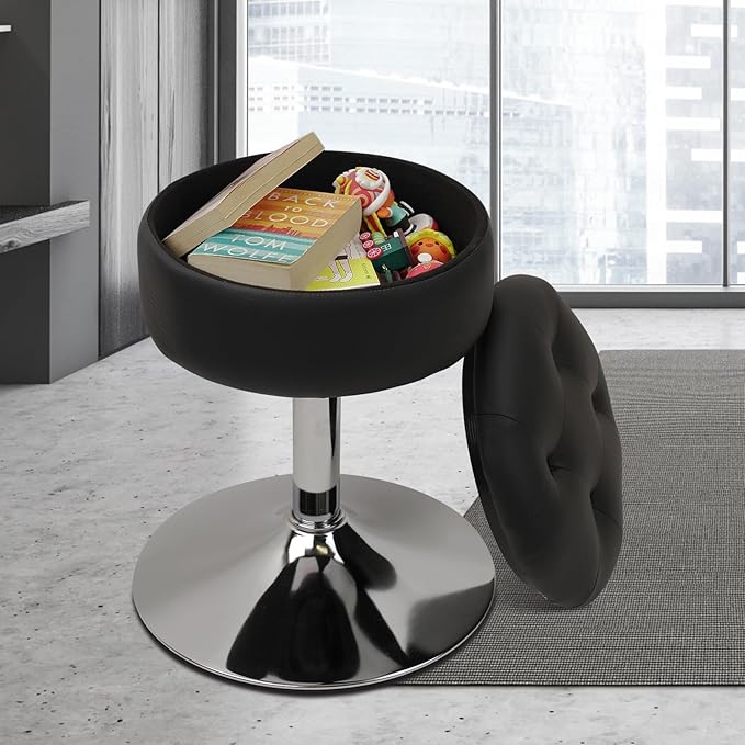 Salon Stool with Big Storage Set of 2, Height Adjustable 361° Swivel Modern Round Leather Tufted Makeup Vanity Stools for Massage Facial Spa Beauty Nail Medical Clinic Tattoo Barber, Black