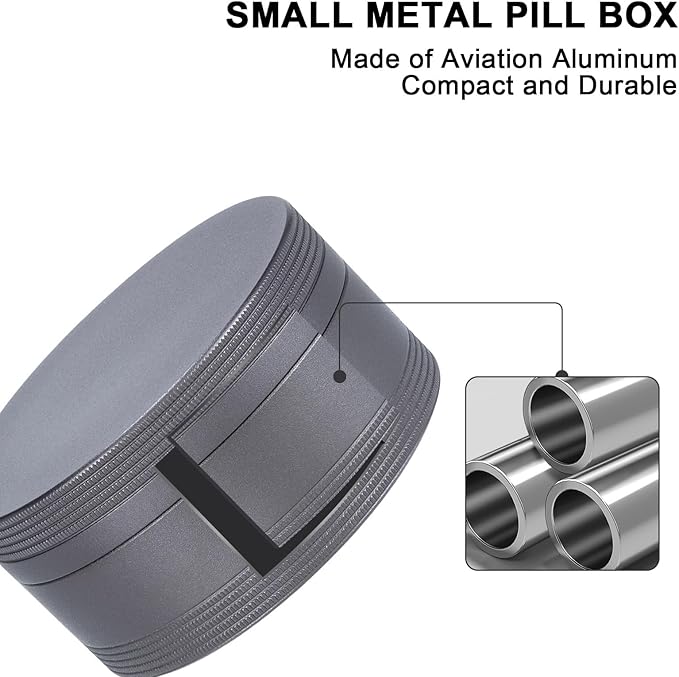 Daily Metal Pill Box Pill Case - Single Waterproof Travel Pill Container Round Aluminum Alloy Storage Medicine Organizer Multitool EDC Every Day for Vitamin, Fish Oil Gray Medium Size