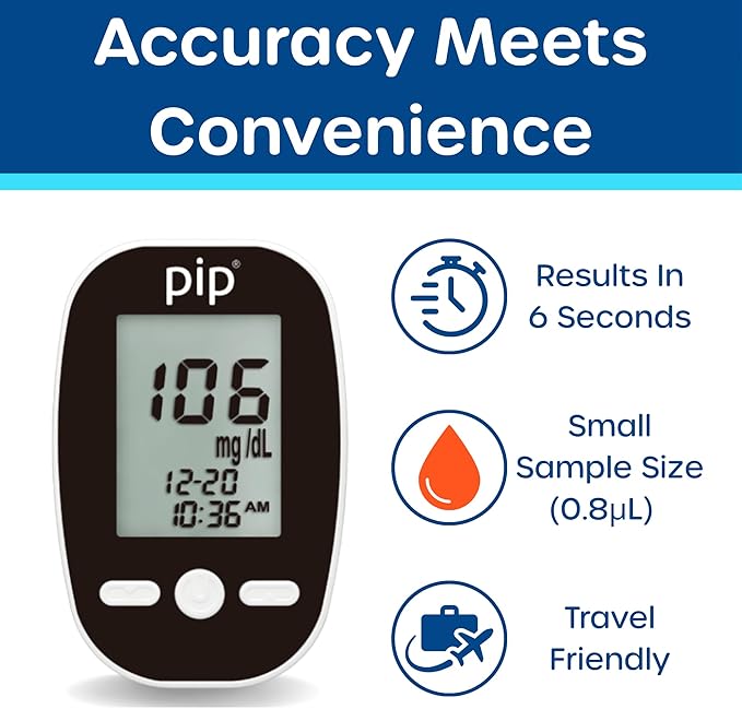 Pip Blood Glucose Monitor Kit with Preloaded Safety Lancets - Complete Diabetes Testing Kit with 100 Test Strips & Lancets | No Lancing Device Needed for Virtually Painless Blood Sugar Monitoring