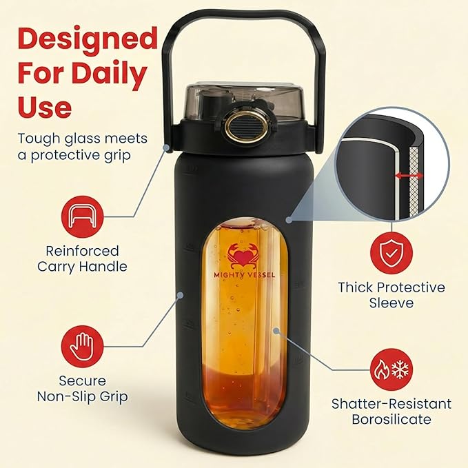 32 oz Glass Water Bottle – Black | Durable Borosilicate with Straw, Silicone Sleeve & Time Markers – Leakproof, Portable, for Gym, Office, Daily Hydration