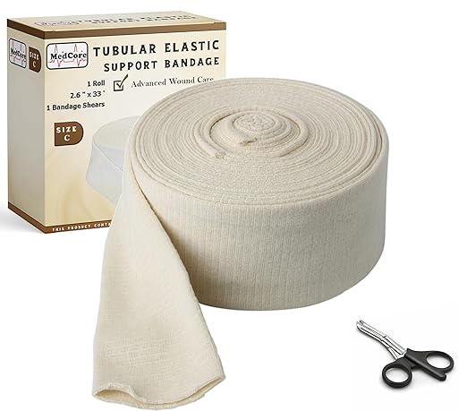 Tubular Compression Bandage Size C (2.65” x 33 ft) – Elastic Stockinette Support Sleeve for Small Knee, Elbow, Forearm, Calves, Full Arm Cut-to-Fit, Washable Reusable, No Tape – Plus Medical Scissors