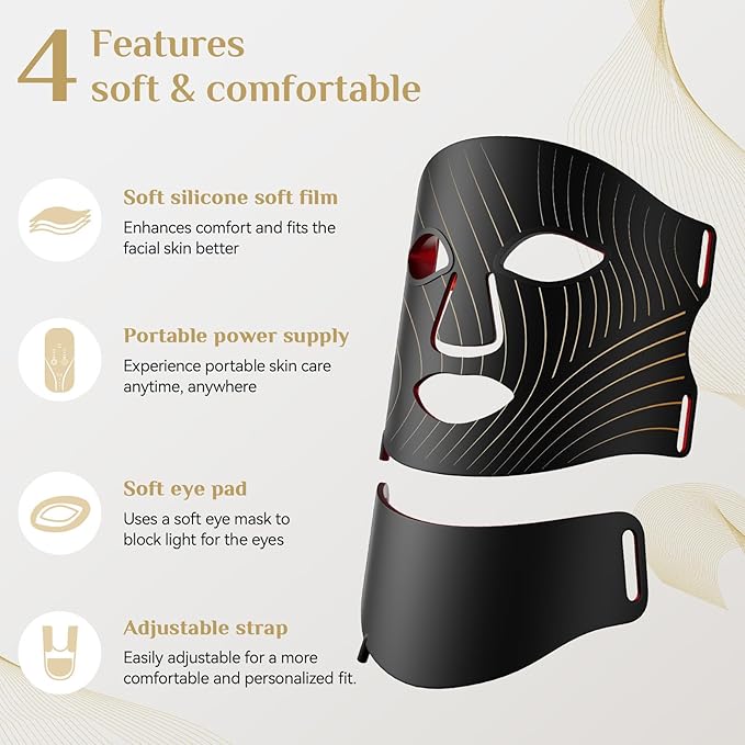 LED Light Therapy Mask Skin Care Mask, LED Red 630±5nm & NIR 830nm Wavelength for Home Use (High-end black)