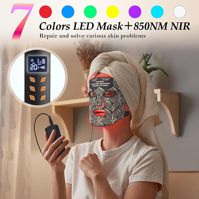 Red Light Therapy for Face, 8 Colors LED Face Mask Light Therapy with 850NM Near-infrared, Portable Rechargeable Red Light Therapy Mask Skin Care Device at Home and Travel for Anti-Aging, Black