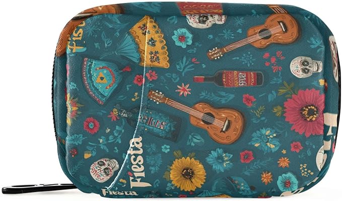 Green Fiesta Skulls Guitars Flowers Travel Pill Organizer Case Box Container Weekly Portable Vitamin Medicine Holder Storage Bag with Zipper Removable