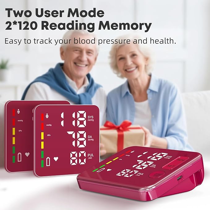 Blood Pressure Monitor Rechargeable Upper Arm Blood Pressure Monitors for Home Use Large Screen Bp Machine with Bp Cuff, 2x120 Memory, Voice Broadcast Bp Monitor(Red)