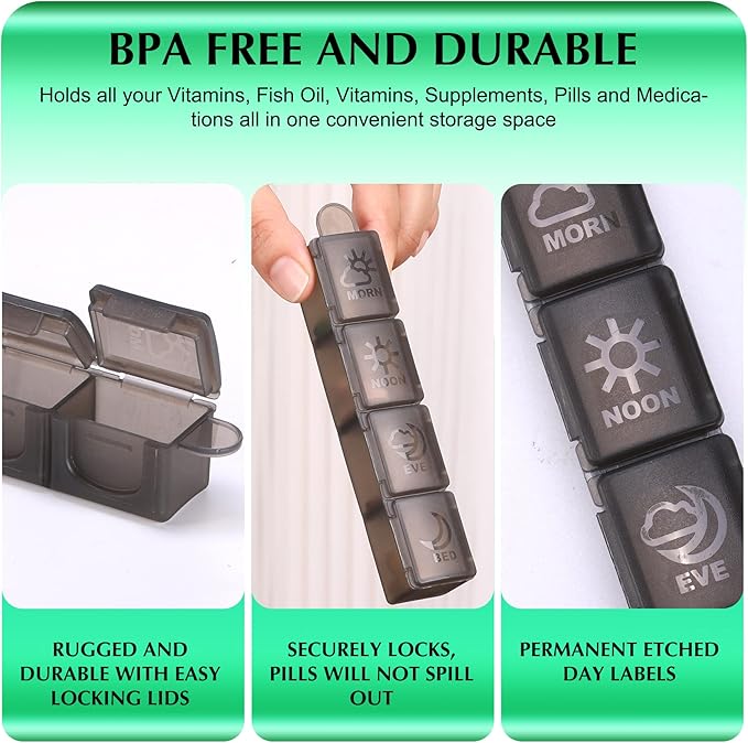 Monthly Pill Organizer 4 Times A Day, One Month Pill Organizer, Monthly Pill Box Organizer with 32 Daily Compartments for Fish Oil, Vitamins and Medications, 31 Day Pill Case, Black