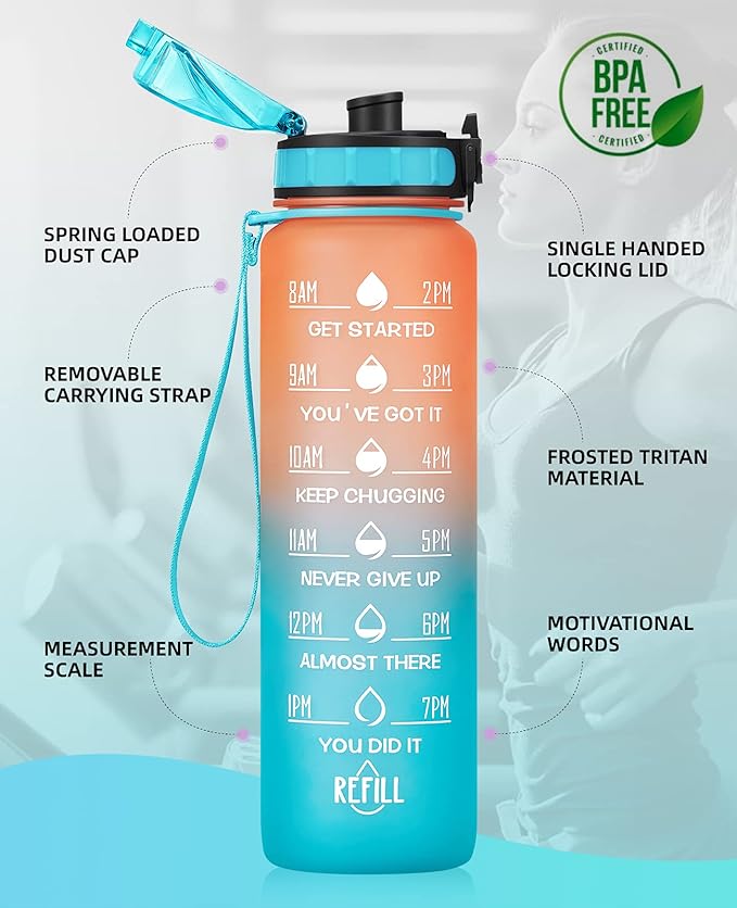 Motivational Water Bottle with Time Marker and Fruit Strainer, Leak-Proof, BPA Free, Non-Toxic, with Carrying Strap, Perfect for Fitness, Gym and Sports