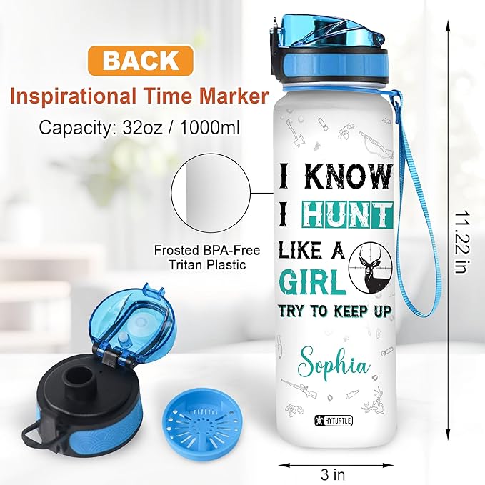 Hyturtle Personalized I Know I Hunt Like A Girl 32Oz Liter Motivational Water Bottle, Customized Name With Time Marker Gifts For Deer Hunter, Hunting Lover, Women On Birthday, Anniversary