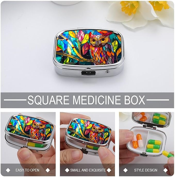 Horned Owl Pill Box 2 Compartment Flora and Fauna Stained Glass Portable Medicine Pill Case Travel Pill Organizer for Pocket Purse