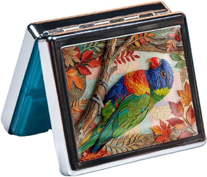 Metal 7 Day Pill Organizer, Cute Small Weekly Pill Case with 8 Compartments for Travel, Moisture-Proof Medicine Holder for Purse, Compact Daily Vitamin Box (Autumn Parrot)
