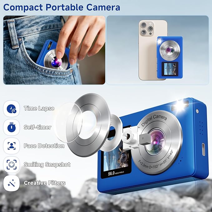 Digital Camera, 56MP 2.7K Dual-Screen Selfie Camera with 16X Zoom, 20 Filters & Anti-Shake, Portable Point and Shoot Digital Cameras with 32GB Card, Compact Travel Cameras for Beginners Teens Kids