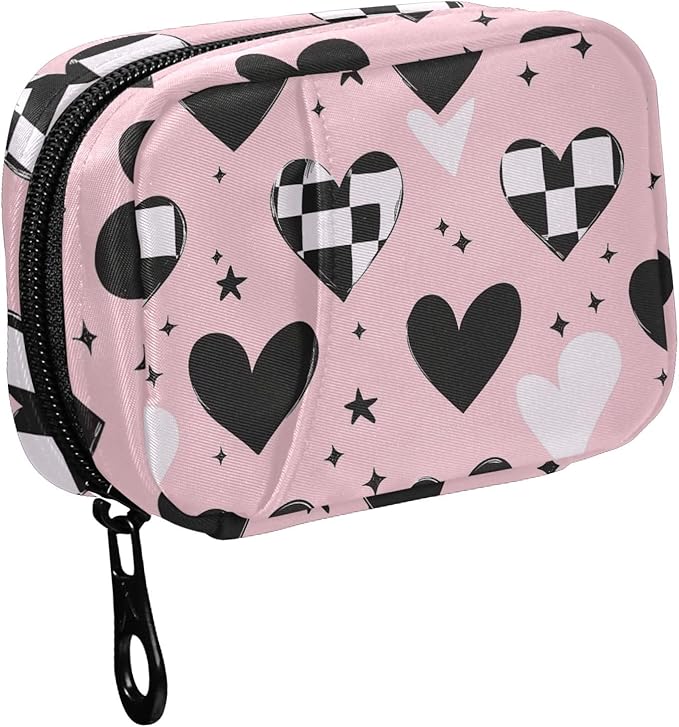 Fustylead Black and White Hearts on Pink Travel Pill Organizer Bag with Zipper Small Pill Box 7 Day Pill Case for Purse Storage Weekly Vitamin Medicine Supplement