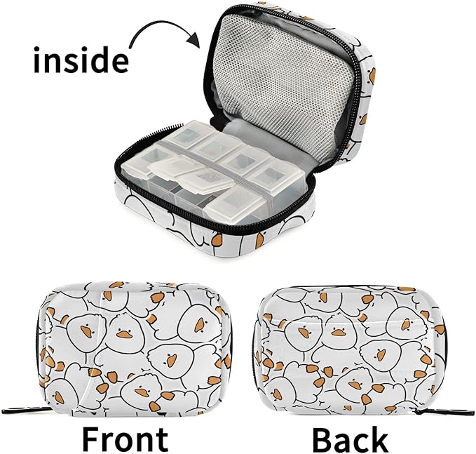 Pill Box Cute Duck 7 Day Pill Case Travel Pill Organizer Bag with Zipper Portable Weekly Vitamin Medicine Supplement Holder Pouch Bag