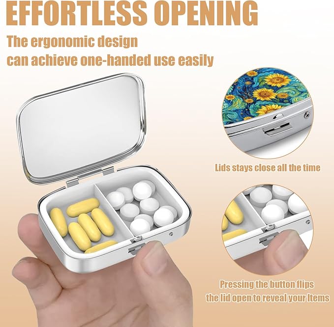 Pill Box-2 Compartment Small Pill Case Square Organizer Case with Mirror Portable Metal Medicine Box Travel Container for Pocket & Purse Women Men(Starry Night Sunflower)