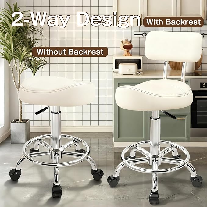 Saddle Stool, Adjustable Height Ergonomic Swivel Chair with Wheels, PU Leather Saddle Seat with Ring Pedal for Salon, Massage, Clinic, Lab, and Office