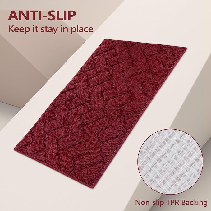 hicorfe Kitchen Rugs and Mats Sets,Non-Slip 2 Pieces Absorbent 100% Polypropylene Rug,Comfort Kitchen Runner Mat,Washable for Kitchen,Sink,Laundry(20" x 48"+20" x 48",Red)