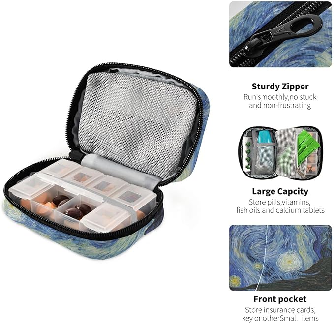 Vangogh Starry Night Travel Pill Organizer Weekly Small (Cute) Pill Box 7 Day Pill Case Vitamin Holder Pill Bottle Organizer