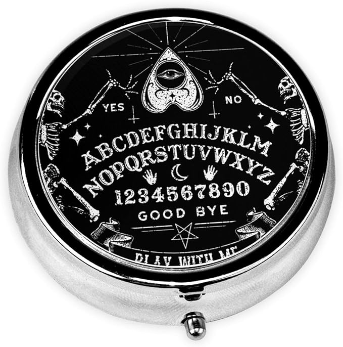 Round Pill Case Portable Small Weekly Travel Pill Organizer Portable Pocket Pill Box Dispenser for Purse Vitamin Fish Oil Compartments Container Medicine Box, Vintage Skeleton Magic Spirit Board Black