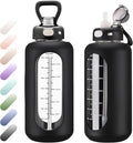 SIEROZUR 42 oz Glass Water Bottle with Straw and Handle Half Gallon Large Water Bottle with Silicone Sleeve and Time Marker Sports Water Jug Wide Mouth for Travel Gym