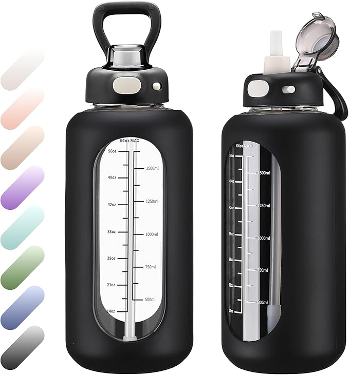 SIEROZUR 64 oz Borosilicate Glass Water Bottle with Straw, Motivational Sports Bottle, Durable Silicone Sleeve, Time Marker, for Gym, Sports, Workout, Daily