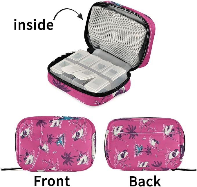 Pink Island Sharks Palm Trees Waves Travel Pill Organizer Case Box Container Weekly Portable Vitamin Medicine Holder Storage Bag with Zipper Removable