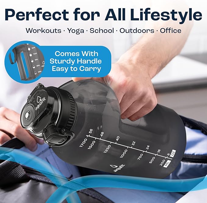 AQUAFIT Half Gallon Water Bottle with Time Marker - Straw & Chug Lid - BPA Free Gym Water Bottle with Straw - Big Gallon Jug (Aqua, 64 oz - 2in1 Lid)