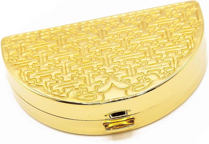 Gold Block Puzzle Pattern Semicricle Pocket Purse Portable Travel Pill Box & Medicine Organizer (1 Large Compartment)