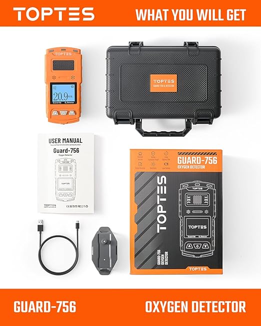TopTes Guard-756 Upgraded Oxygen Detector, 0-30% VOL, Portable O2 Monitor, 0.5s Fast Response, Rechargeable O2 Gas Detector, with Vibe, Light & Sound Alarms, Dust and Explosion Proof, for Work, Home