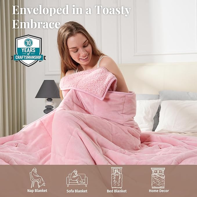 Topblan Sherpa Fleece Weighted Blanket 12lbs, Uniformed Color with Fuzzy Fleece and Shaggy Sherpa to Help with Better Sleep, 48x72 inches, Pink