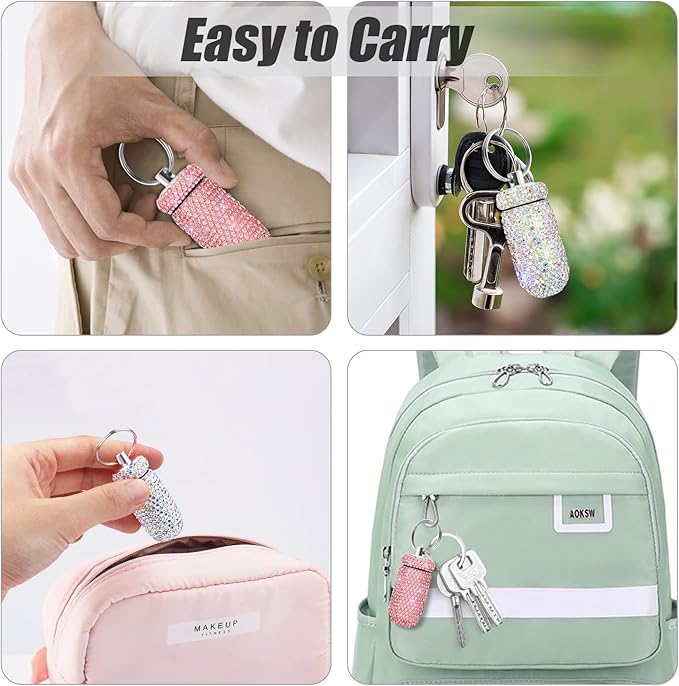 2 Pack Portable Pill Case Bling Rhinestone Pill Container Box Waterproof Medication Holder Organizer Bottle with Keychain for Outdoor Camping Travel Purse Pocket