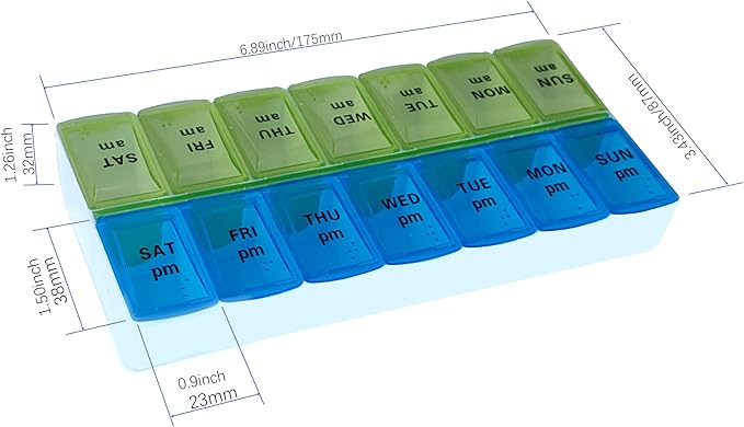 Weekly (7 Day) Pill Organizer, 2 Times a Day AM/PM Pill Case and Planner, Portable Vitamin Containers for Travel(Blue-Green)