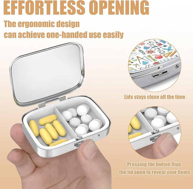 Pill Box-2 Compartment Small Pill Case Square Organizer Case with Mirror Portable Metal Medicine Box Travel Container for Pocket & Purse Women Men(Chemistry Elements)