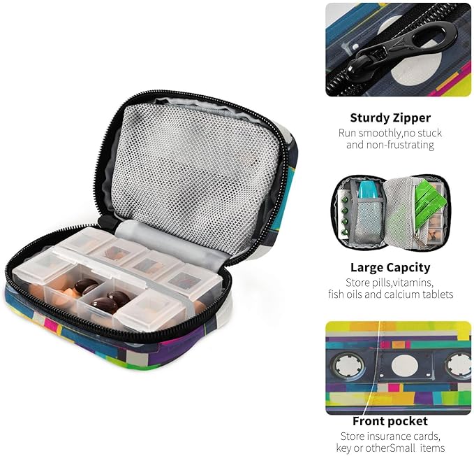 Audio Cassette Tape Pill Box 7 Day Pill Case Travel Pill Organizer Bag Container for Medicine with Zipper Portable Weekly Case Compact Size for Medicine, Vitamin, Supplement